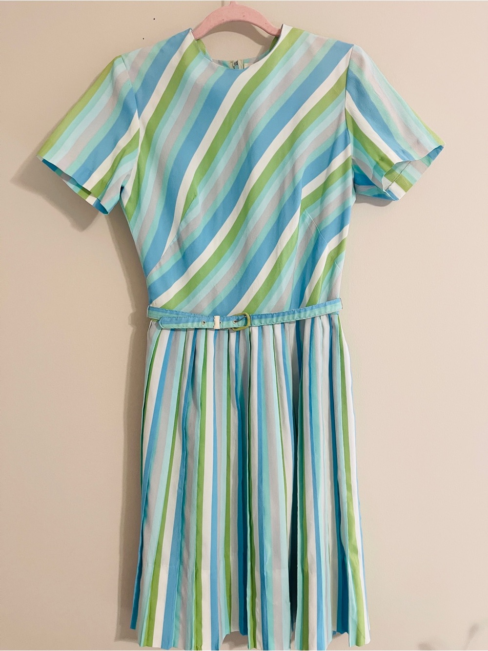 Vintage 1950’s Dress Striped Crepe Fit & Flare Belted Pleated Skirt L